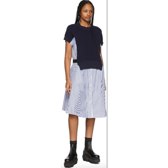 *SOLD* Shirt Dress Striped Cotton Poplin Hybrid Rib Knit Short Sleeve - Picture 10 of 13